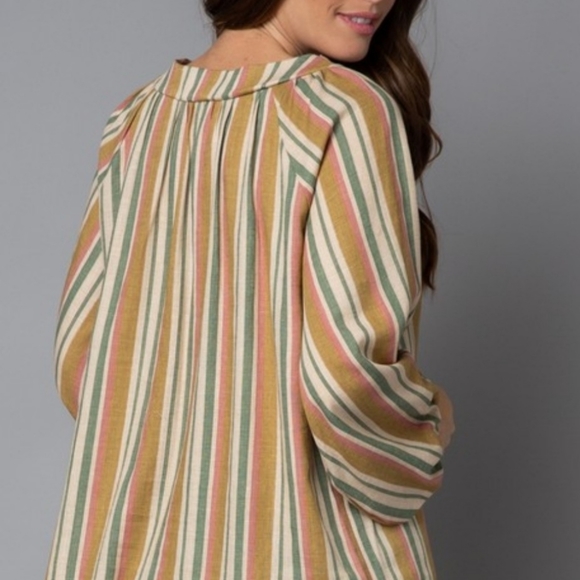 Striped Linen Cottoncore Half Puff Sleeve Blouse Top Rayon Linen Blend - Picture 6 of 8